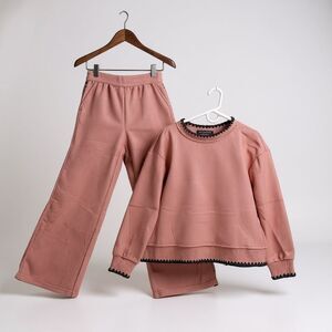 Lounge Sweater Set Pants Women Small Long Sleeves Pink Black Trim Jogger Set